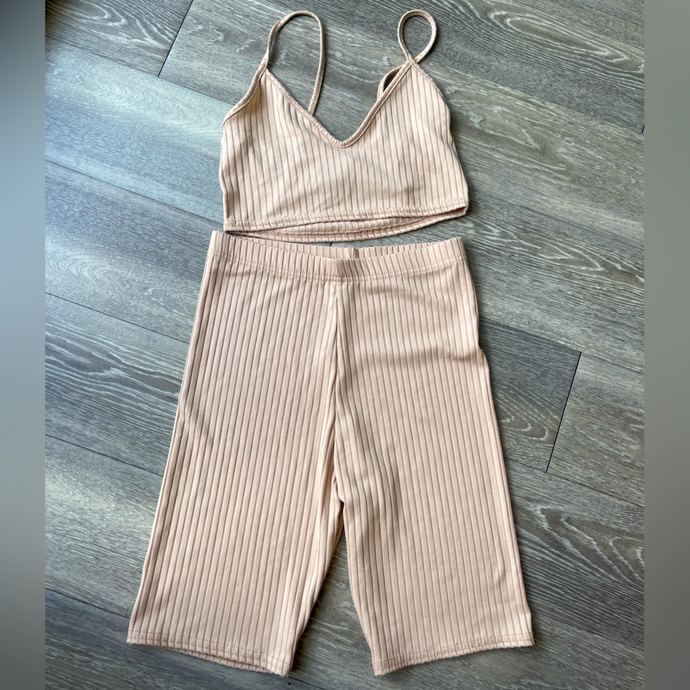 NASTYGAL two piece tan lounge set with tank top and biker shorts